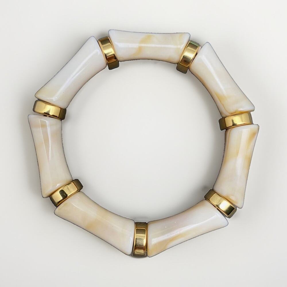 Ivory & Gold Tone Stretch Bangle Bracelet, Resin, Round, No Stone
